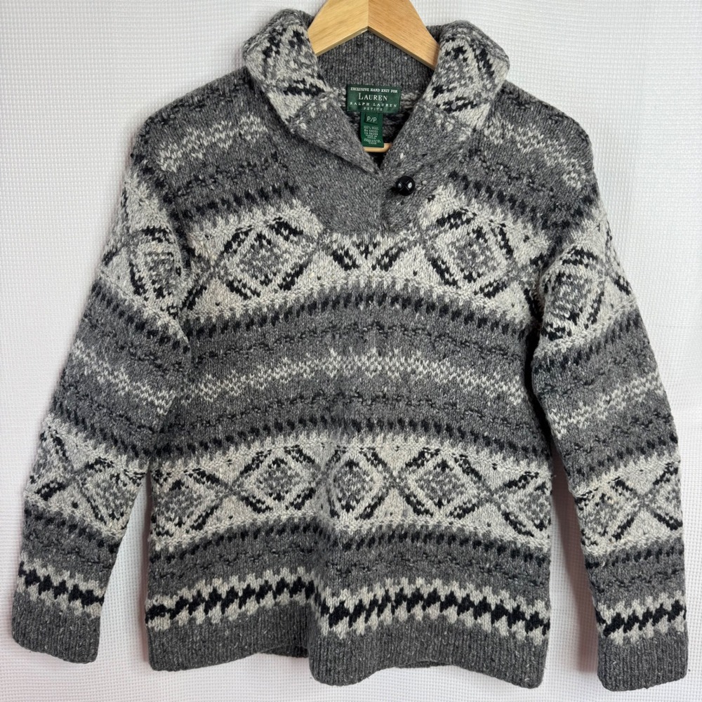 Vintage Lauren Ralph Lauren Hand Knit Wool Fair Isle Sweater Grey Petite Small